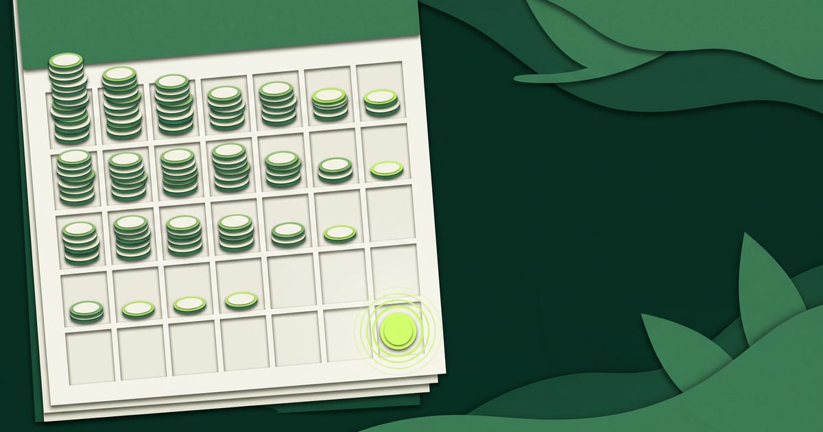 Calendário de papel recortado com pilhas de moedas que diminuem a cada semana e uma única moeda verde-limão sobrando no último dia do mês