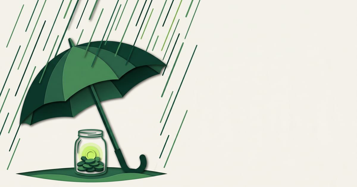 Guarda-chuva de papel recortado em tons de verde protegendo um pote de vidro com moedas, com uma moeda verde-limão brilhando dentro, sob chuva de linhas diagonais